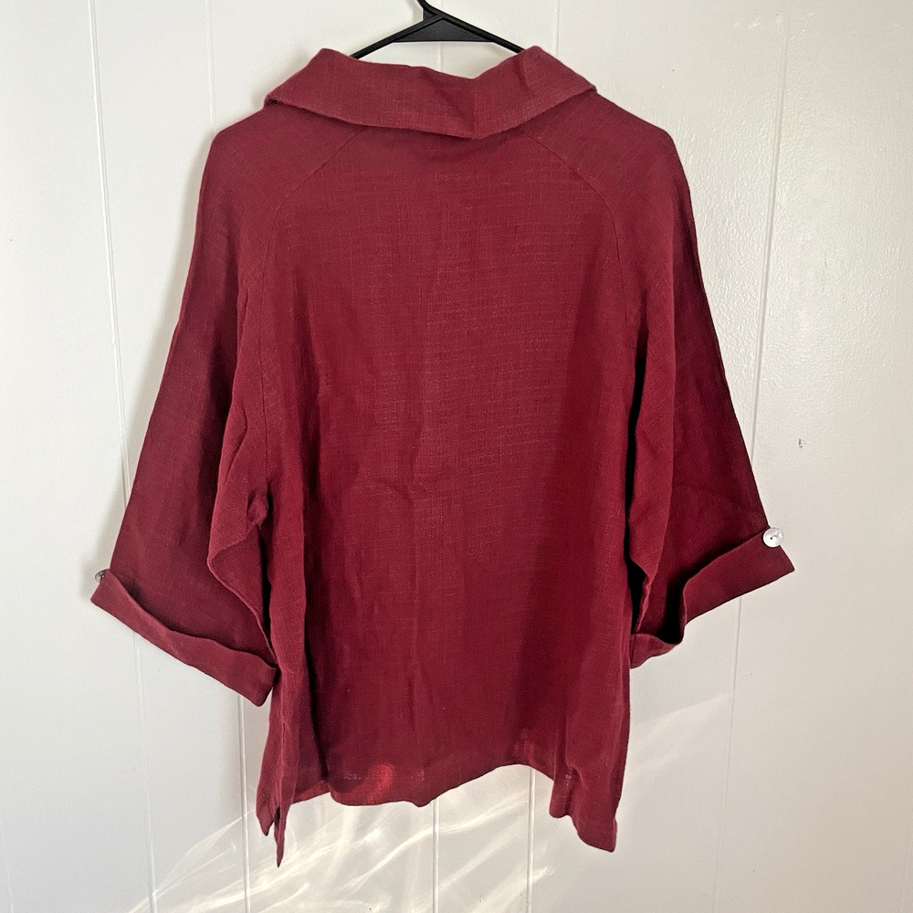 TooFan Womens 100% Linen Top Size M Button Down Red‎ Boxy Lagenlook Relaxed Fit - Picture 2 of 9